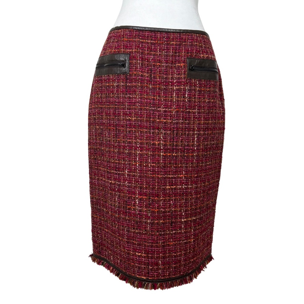 Lafayette 148 NY Burgundy Red Wool Blend Tweed Pencil Skirt with Leather Trim 8